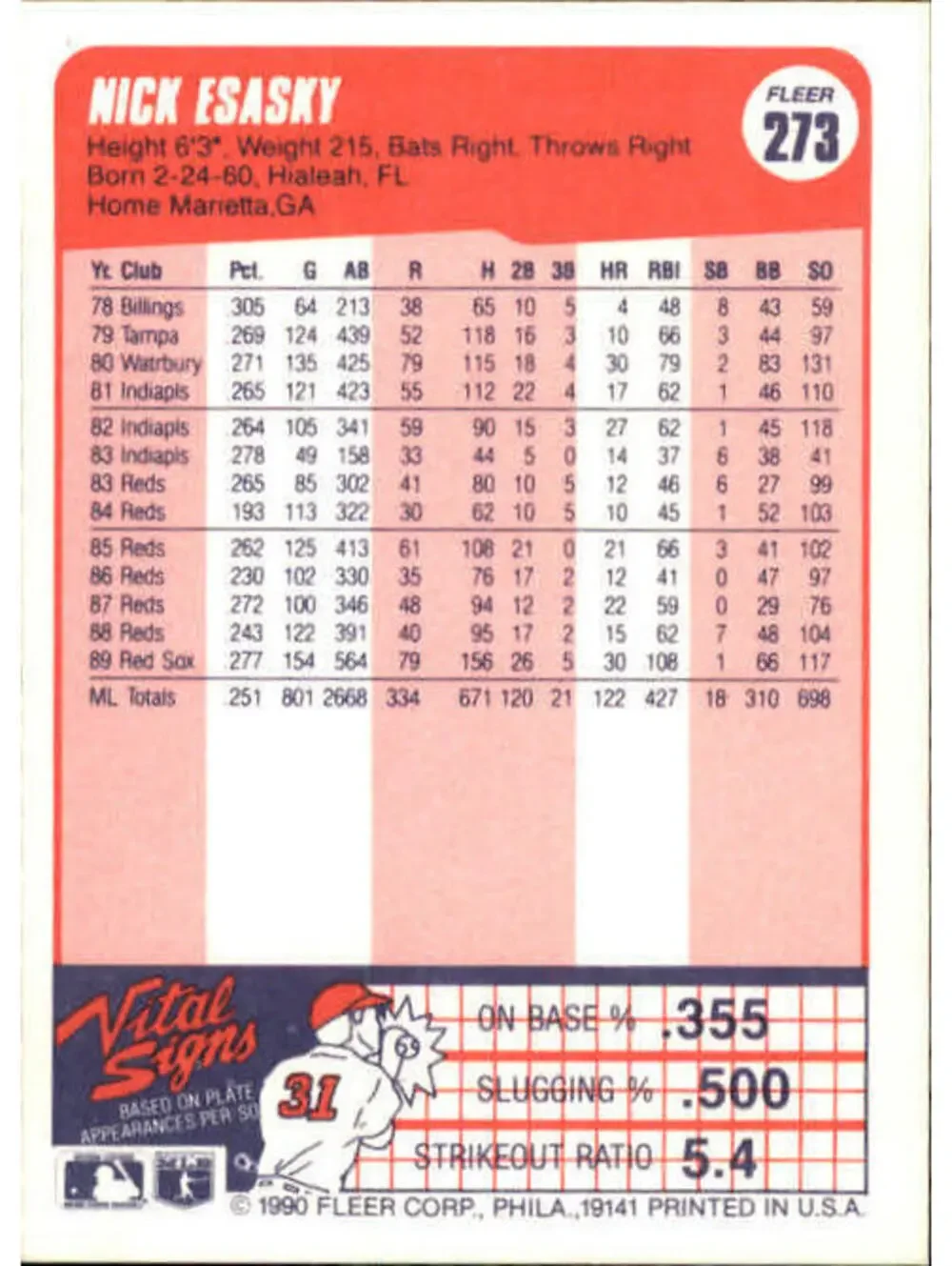 1990 Nick Esasky Fleer Baseball Card #273